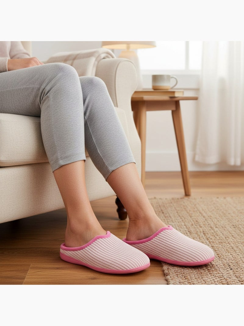 Ozabi mules femme unies, velours côtelé synthétique, passepoil fourrure Rose - Kiabi
