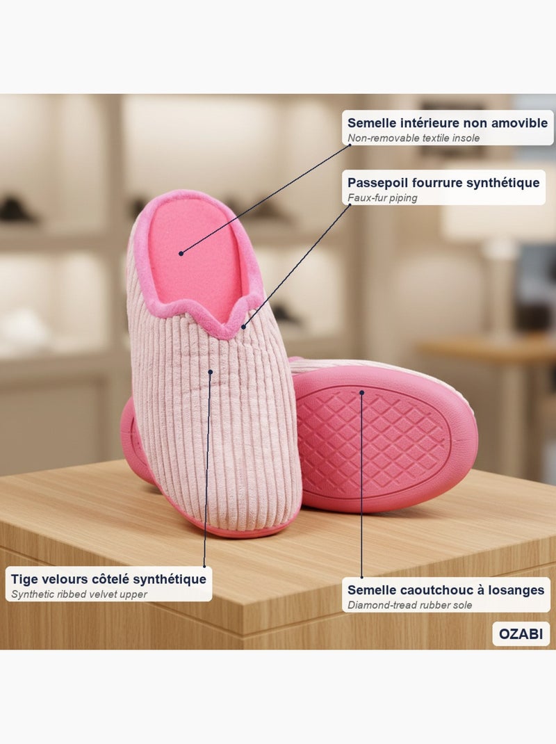 Ozabi mules femme unies, velours côtelé synthétique, passepoil fourrure Rose - Kiabi