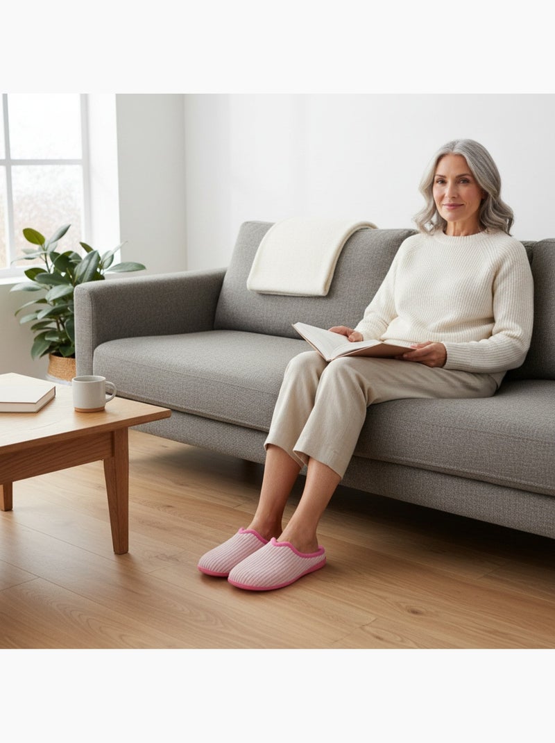 Ozabi mules femme unies, velours côtelé synthétique, passepoil fourrure Rose - Kiabi