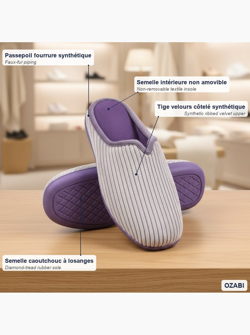 Ozabi mules femme unies, velours côtelé synthétique, passepoil fourrure Violet - Kiabi