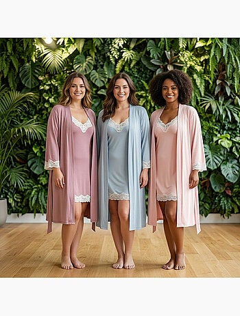 OZABI Nuisette et Kimono Femme 2 Pièces Viscose Dentelle Florale Ceinture