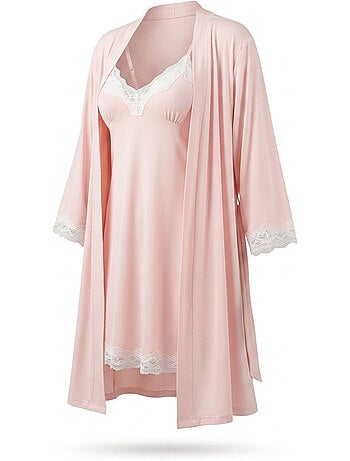 OZABI Nuisette et Kimono Femme 2 Pièces Viscose Dentelle Florale Ceinture