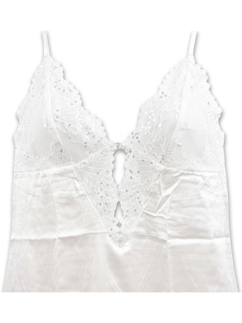 OZABI Nuisette et Kimono Femme Satin Effet Soie Dentelle Pailletée Blanc - Kiabi