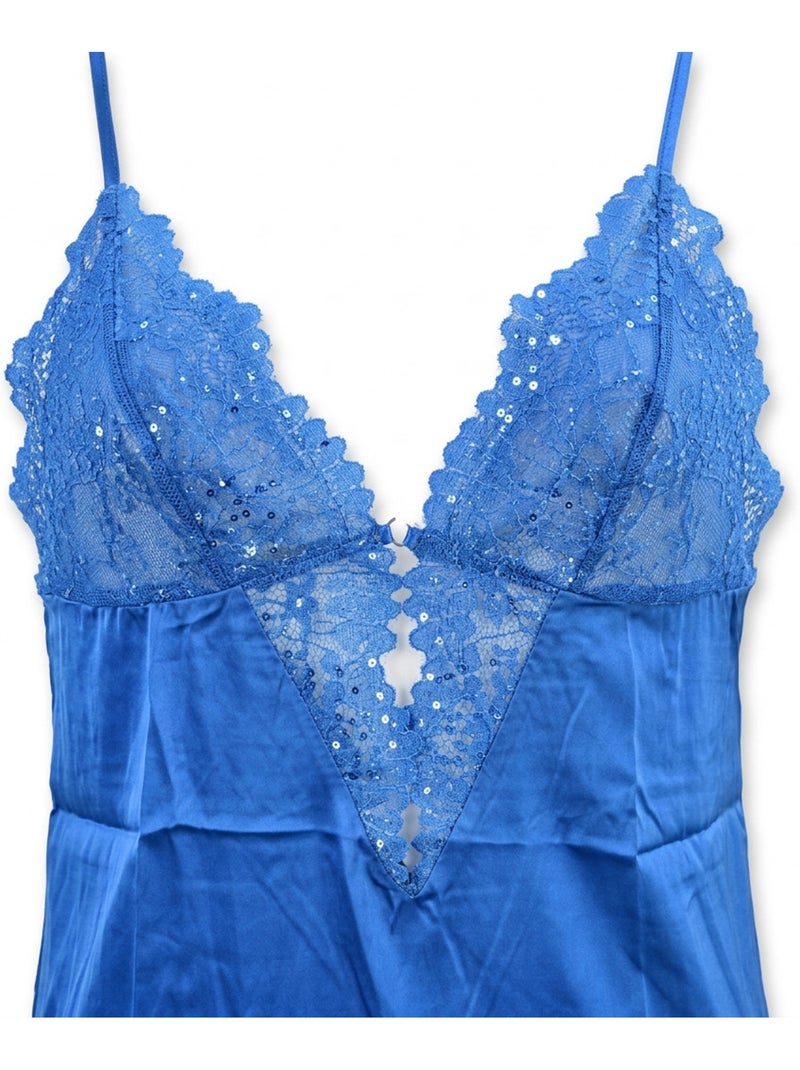 OZABI Nuisette et Kimono Femme Satin Effet Soie Dentelle Pailletée Bleu - Kiabi