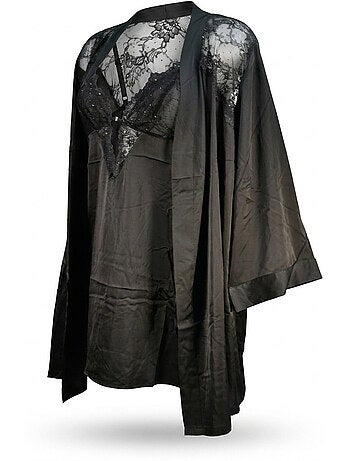 OZABI Nuisette et Kimono Femme Satin Effet Soie Dentelle Pailletée
