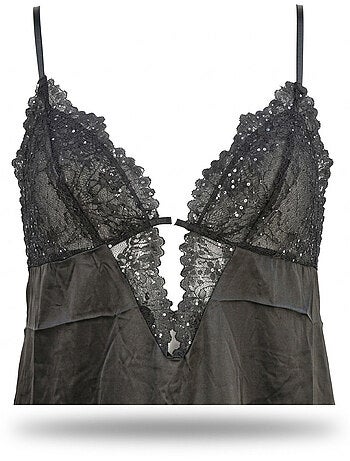 OZABI Nuisette et Kimono Femme Satin Effet Soie Dentelle Pailletée