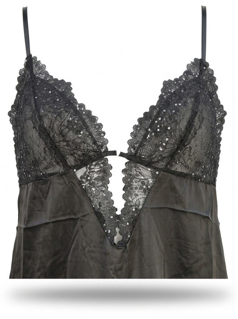 OZABI Nuisette et Kimono Femme Satin Effet Soie Dentelle Pailletée Noir - Kiabi