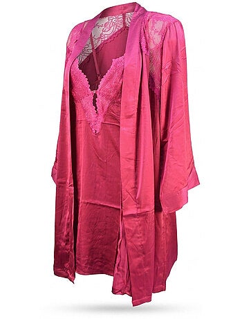 OZABI Nuisette et Kimono Femme Satin Effet Soie Dentelle Pailletée