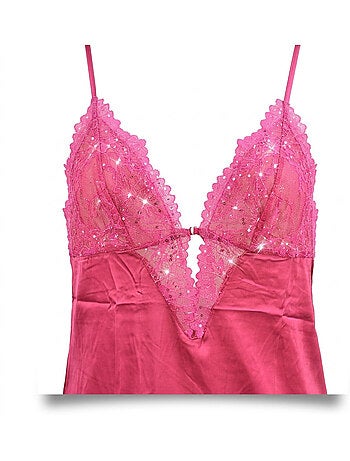 OZABI Nuisette et Kimono Femme Satin Effet Soie Dentelle Pailletée