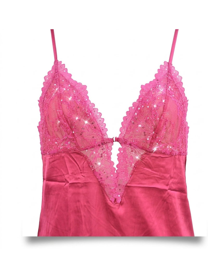 OZABI Nuisette et Kimono Femme Satin Effet Soie Dentelle Pailletée Rose - Kiabi