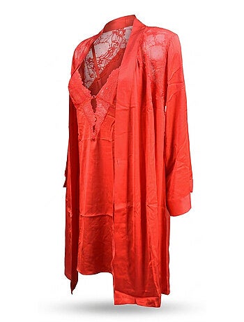 OZABI Nuisette et Kimono Femme Satin Effet Soie Dentelle Pailletée
