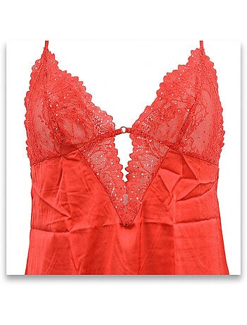 OZABI Nuisette et Kimono Femme Satin Effet Soie Dentelle Pailletée