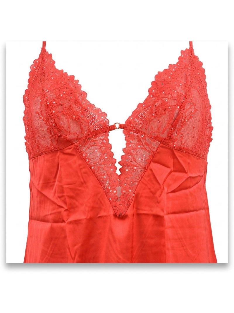 OZABI Nuisette et Kimono Femme Satin Effet Soie Dentelle Pailletée Rouge - Kiabi