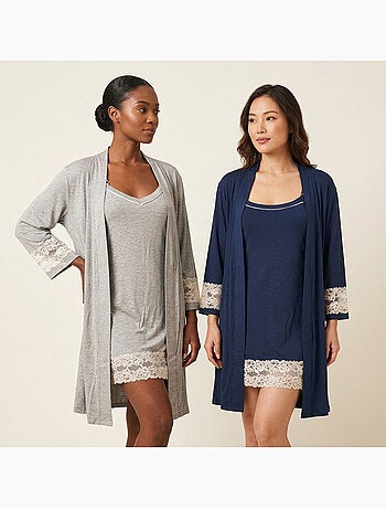 OZABI Nuisette Kimono Femme Dentelle Florale Viscose Loungewear 2 Pièces