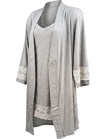 OZABI Nuisette Kimono Femme Dentelle Florale Viscose Loungewear 2 Pièces