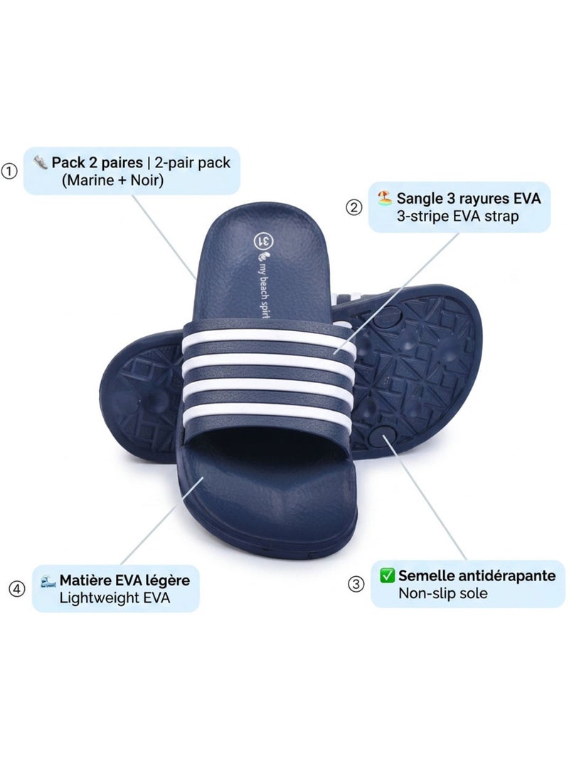 OZABI Pack 2 Paires Claquettes Enfant EVA Antidérapante Bleu marine - Kiabi