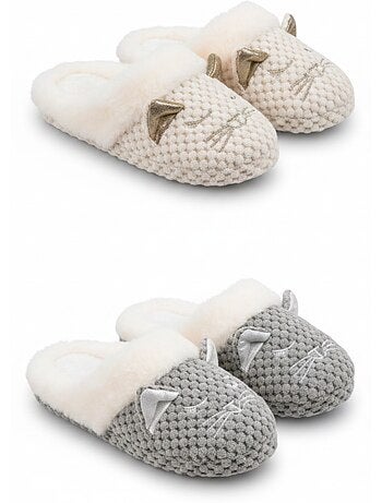 OZABI Pack 2 Paires Mules Femme Motif Chat Doublure Fausse Fourrure