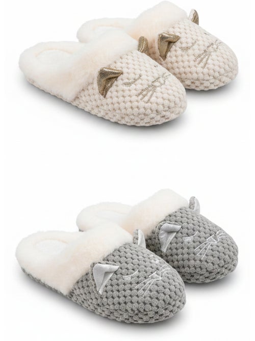 OZABI Pack 2 Paires Mules Femme Motif Chat Doublure Fausse Fourrure - Kiabi OZABI Pack 2 Paires Mules Femme Motif Chat Doublure Fausse Fourrure - Kiabi