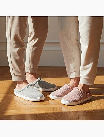 OZABI Pack 2 Paires Mules Femme Tricot Côtelé Pailleté Fausse Fourrure