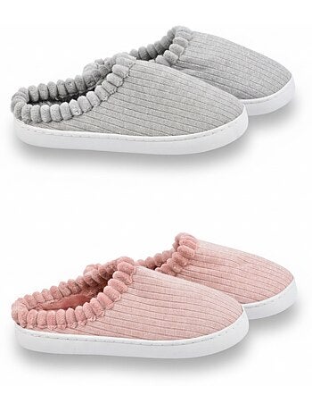 OZABI Pack 2 Paires Mules Femme Tricot Côtelé Pailleté Fausse Fourrure