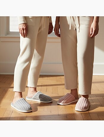 OZABI Pack 2 Paires Mules Femme Tricot Côtelé Semelle Plate Épaisse