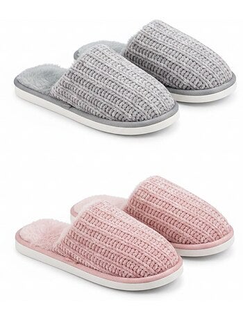 OZABI Pack 2 Paires Mules Femme Tricot Côtelé Semelle Plate Épaisse