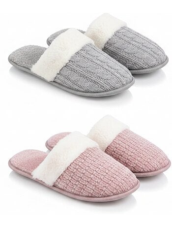 OZABI Pack 2 Paires Mules Femme Tricot Torsadé Bord Fausse Fourrure