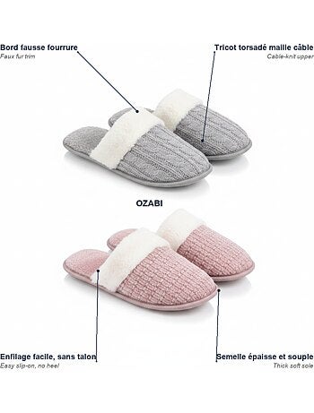 OZABI Pack 2 Paires Mules Femme Tricot Torsadé Bord Fausse Fourrure