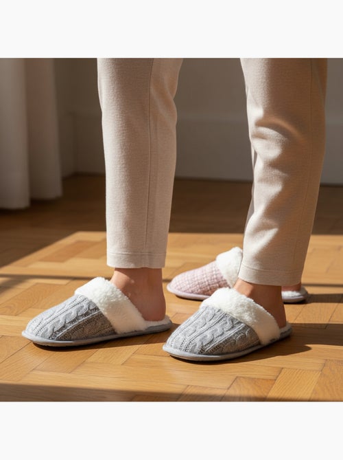 OZABI Pack 2 Paires Mules Femme Tricot Torsadé Bord Fausse Fourrure - Kiabi