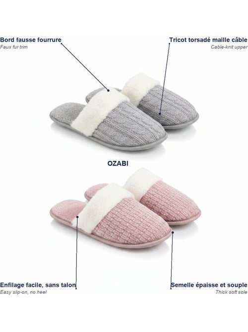 OZABI Pack 2 Paires Mules Femme Tricot Torsadé Bord Fausse Fourrure - Kiabi