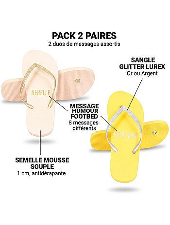 OZABI Pack 2 Paires Tongs Femme Glitter Message Humour
