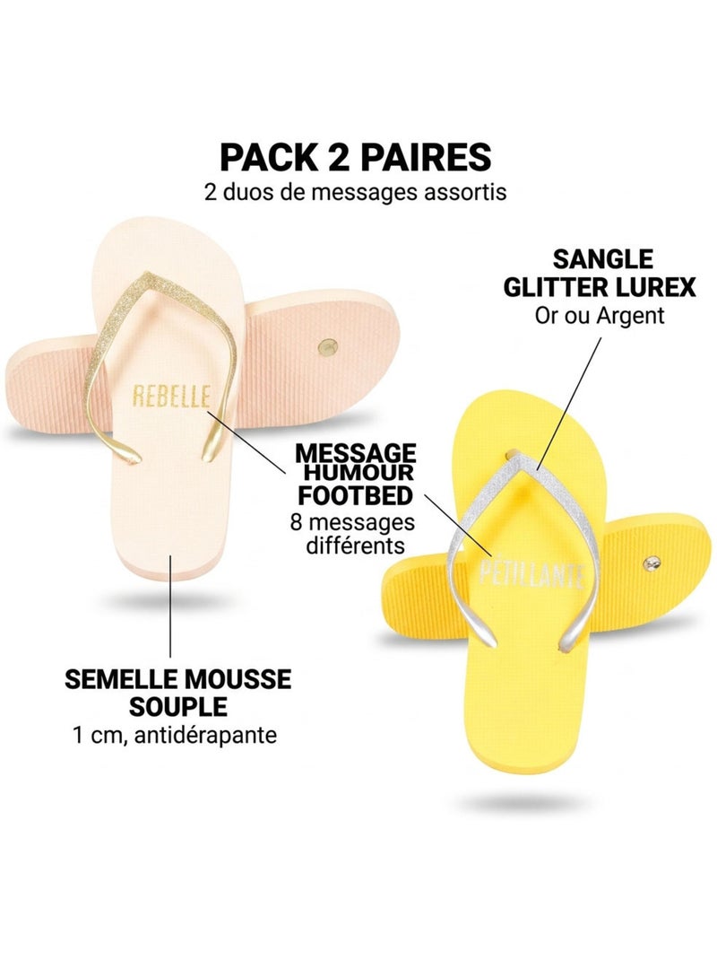 OZABI Pack 2 Paires Tongs Femme Glitter Message Humour Écru/Jaune - Kiabi