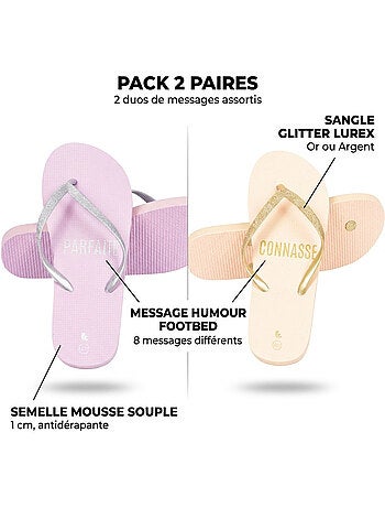OZABI Pack 2 Paires Tongs Femme Glitter Message Humour