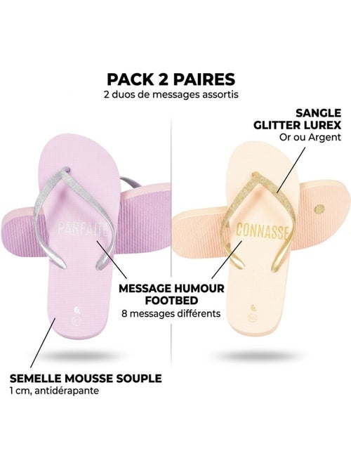 OZABI Pack 2 Paires Tongs Femme Glitter Message Humour - Kiabi OZABI Pack 2 Paires Tongs Femme Glitter Message Humour - Kiabi