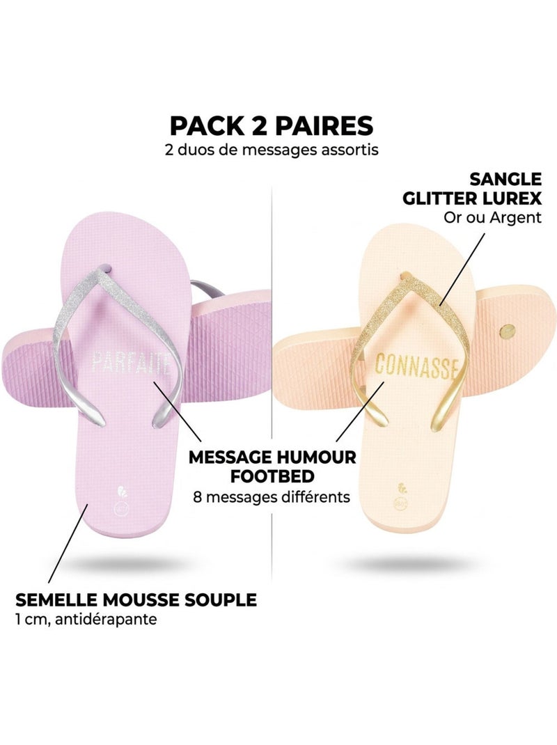 OZABI Pack 2 Paires Tongs Femme Glitter Message Humour Écru/Violet - Kiabi
