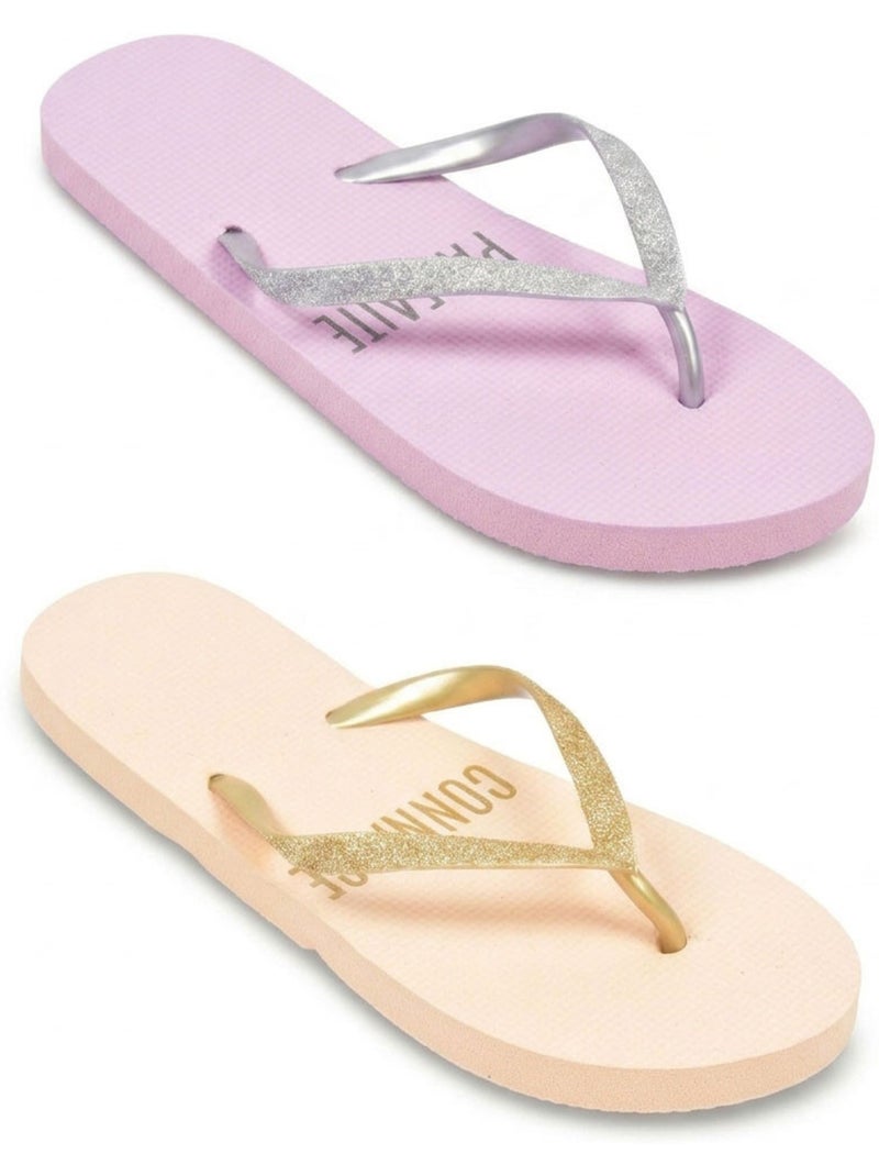 OZABI Pack 2 Paires Tongs Femme Glitter Message Humour Écru/Violet - Kiabi