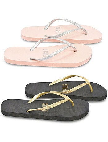 OZABI Pack 2 Paires Tongs Femme Glitter Message Humour