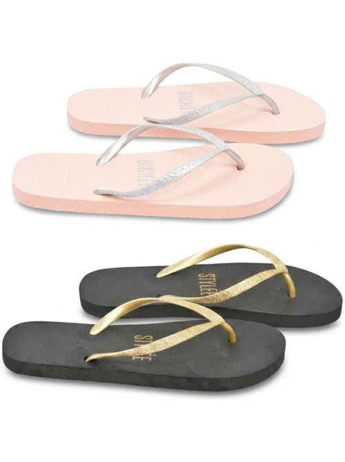 OZABI Pack 2 Paires Tongs Femme Glitter Message Humour - Kiabi OZABI Pack 2 Paires Tongs Femme Glitter Message Humour - Kiabi