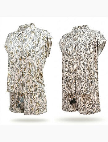 Ozabi pack 2 pyjamas courts femme, chemise boutonnée et short imprimé zébré