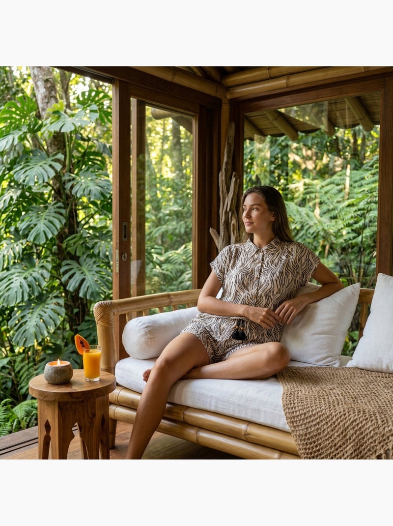 Ozabi pack 2 pyjamas courts femme, chemise boutonnée et short imprimé zébré Marron/Moka/Blush Beige - Kiabi