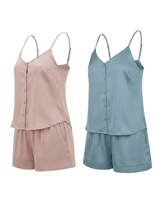 Ozabi pack 2 pyjamas courts femme, débardeur satiné et short 2 poches - Kiabi Ozabi pack 2 pyjamas courts femme, débardeur satiné et short 2 poches - Kiabi