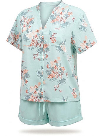 Ozabi pack 2 pyjamas courts femme, imprimé tropical col v mao short fluide