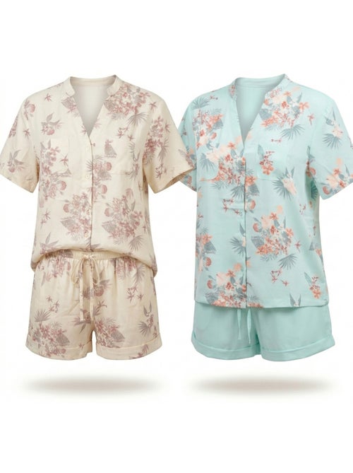Ozabi pack 2 pyjamas courts femme, imprimé tropical col v mao short fluide - Kiabi Ozabi pack 2 pyjamas courts femme, imprimé tropical col v mao short fluide - Kiabi