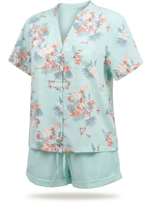 Ozabi pack 2 pyjamas courts femme, imprimé tropical col v mao short fluide - Kiabi Ozabi pack 2 pyjamas courts femme, imprimé tropical col v mao short fluide - Kiabi