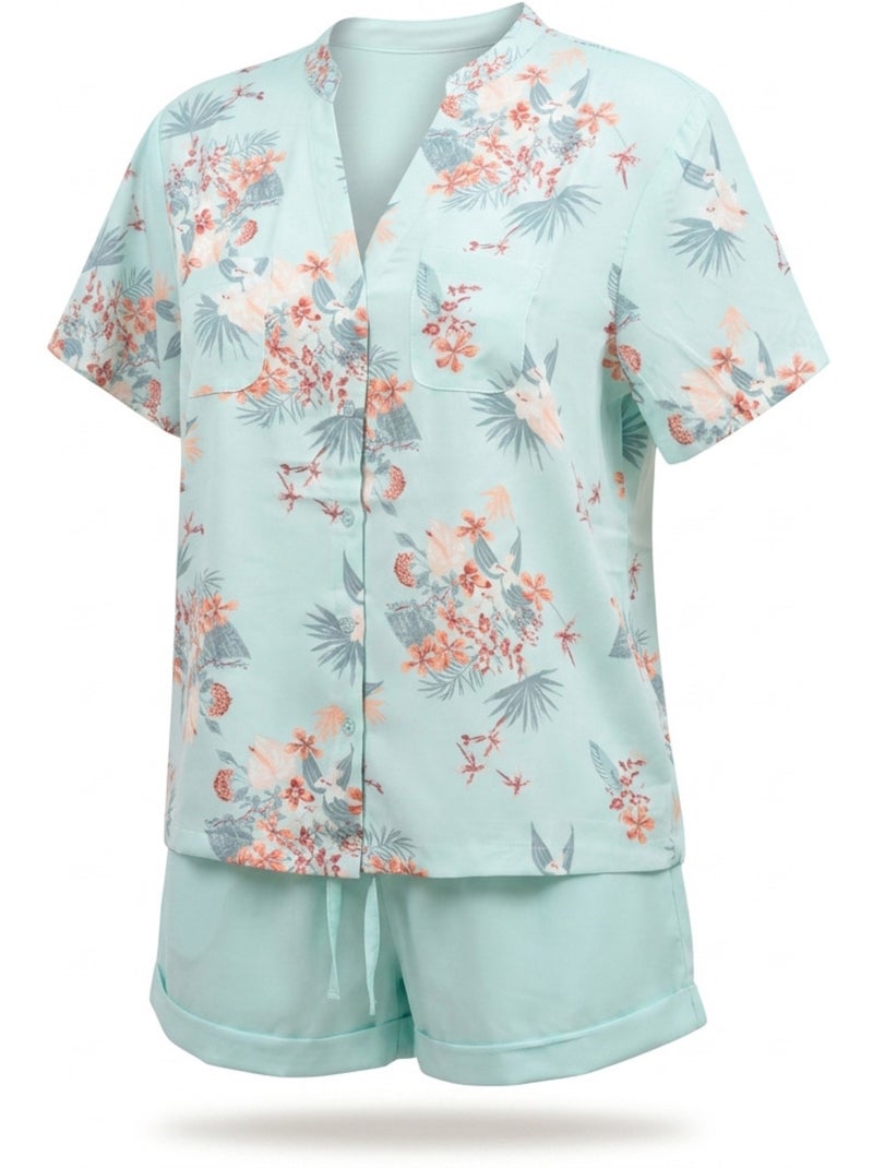 Ozabi pack 2 pyjamas courts femme, imprimé tropical col v mao short fluide Bleu Beige - Kiabi