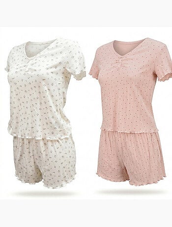 Ozabi pack 2 pyjamas femme, col v boutonné, short froufrou, fleuri et coeurs
