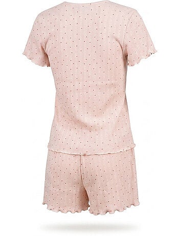 Ozabi pack 2 pyjamas femme, col v boutonné, short froufrou, fleuri et coeurs