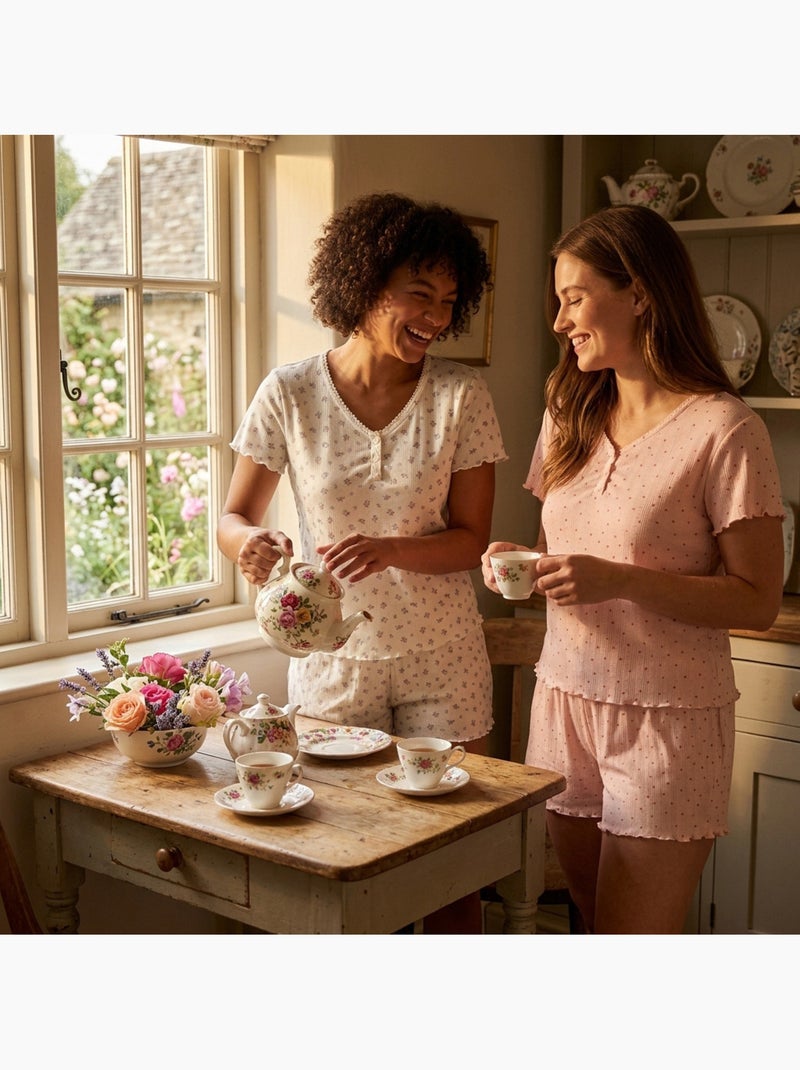 Ozabi pack 2 pyjamas femme, col v boutonné, short froufrou, fleuri et coeurs Blanc Rose - Kiabi