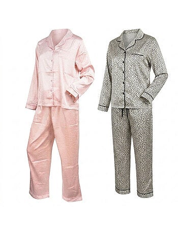 OZABI Pack 2 Pyjamas Femme Longs Satinés Imprimés, Col Chemise