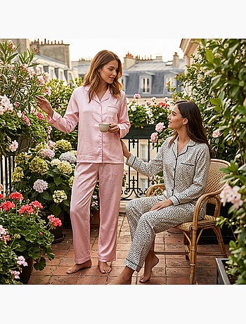 OZABI Pack 2 Pyjamas Femme Longs Satinés Imprimés, Col Chemise